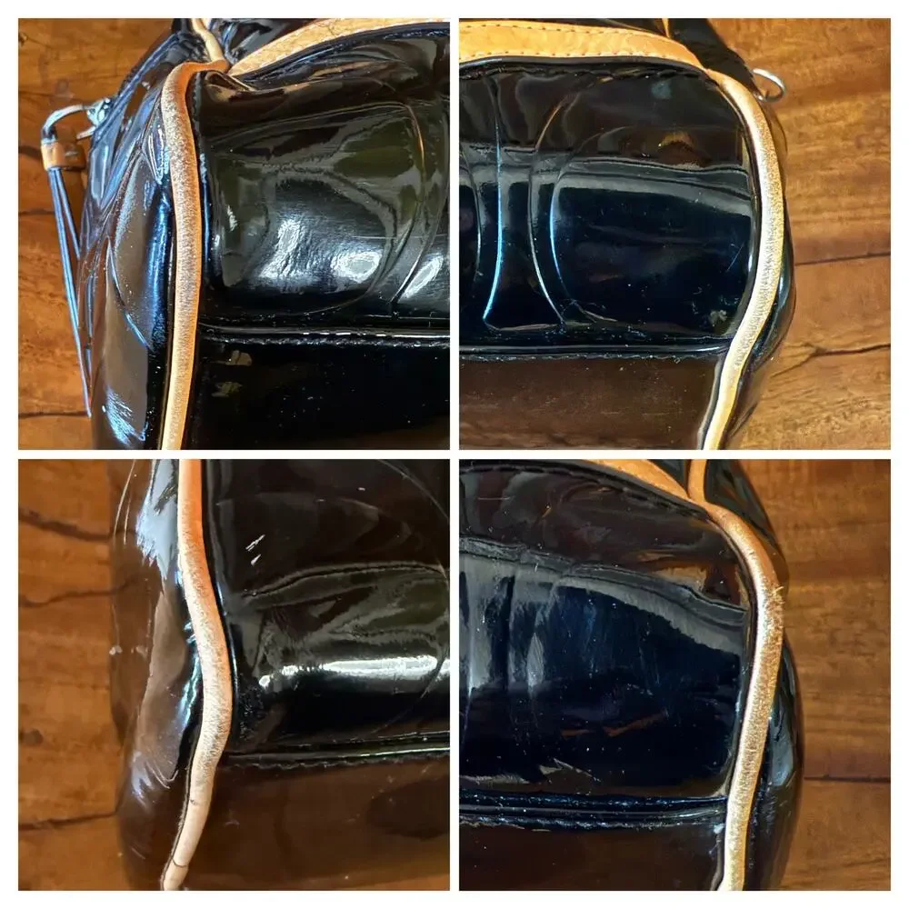Coach Peyton Signature Embossed Patent Leather Satchel Black/Tan
